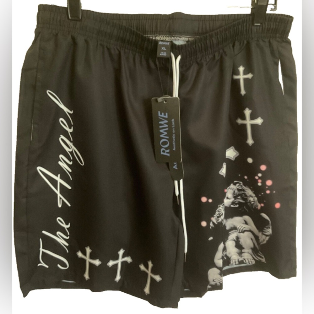 NWT ROMWE BLACK MENS Angel Cross Goth Shorts XL